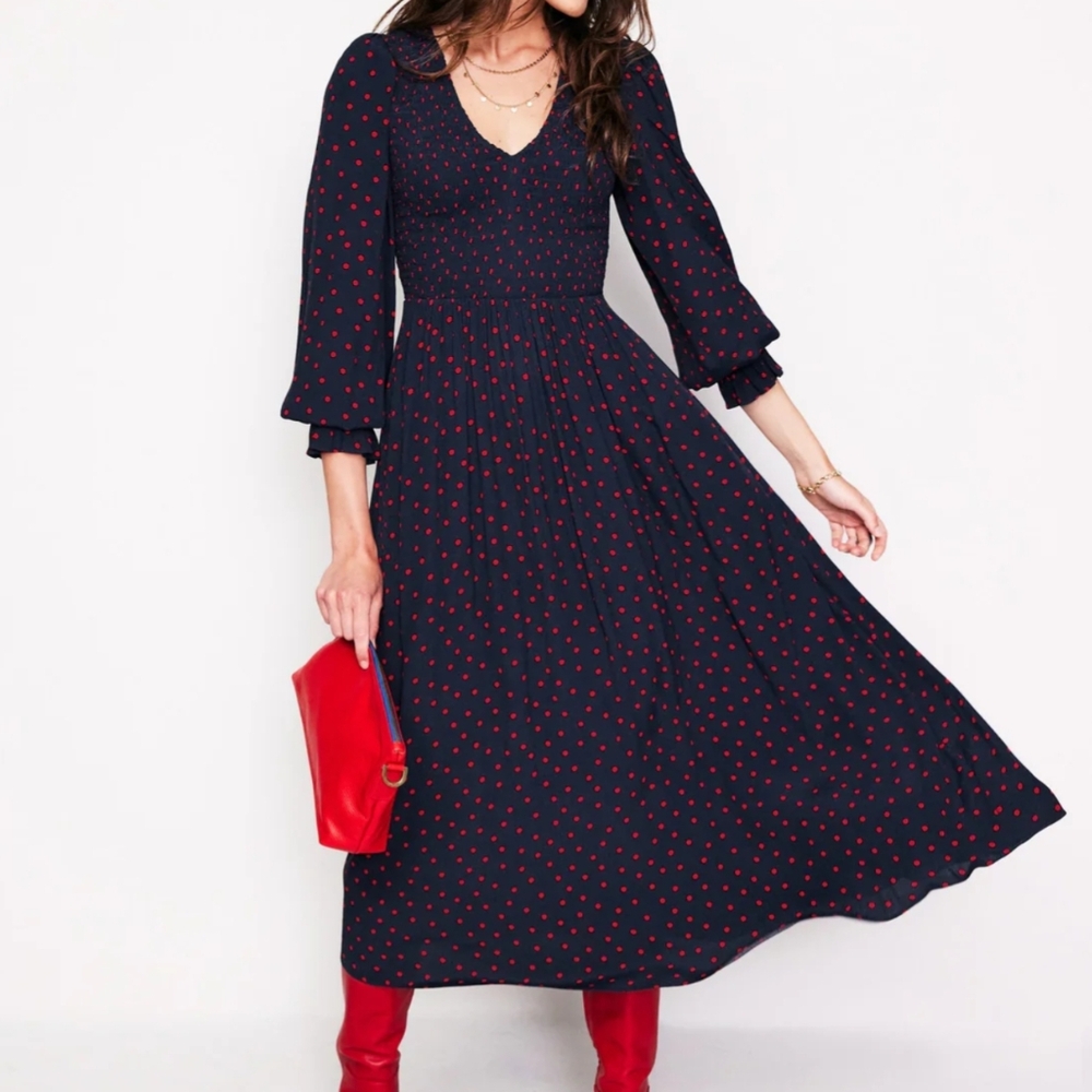 Boden Gemma Dot Long Sleeve Midi (NWT) Navy and Red Polka Dot Dress, Size 8R